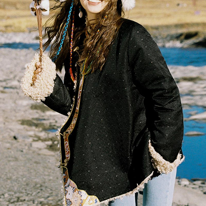 Buddha Stones Tybetańskie Ubrania Lhasa Polar Podszyty Top Zimowy Ubrania Damskie - image 8