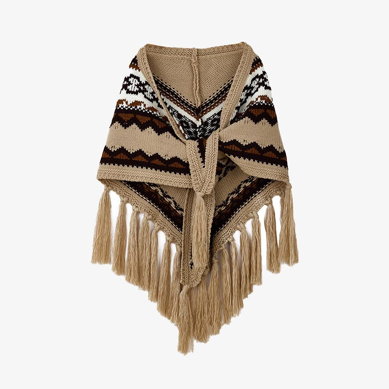 Buddha Stones Tybetański trójkątny szal w paski frędzle zimowy przytulny szalik podróżny otulacz - Khaki 200cm*75cm - image 15