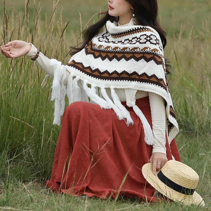 Buddha Stones Tybetański trójkątny szal w paski frędzle zimowy przytulny szalik podróżny otulacz - image 5