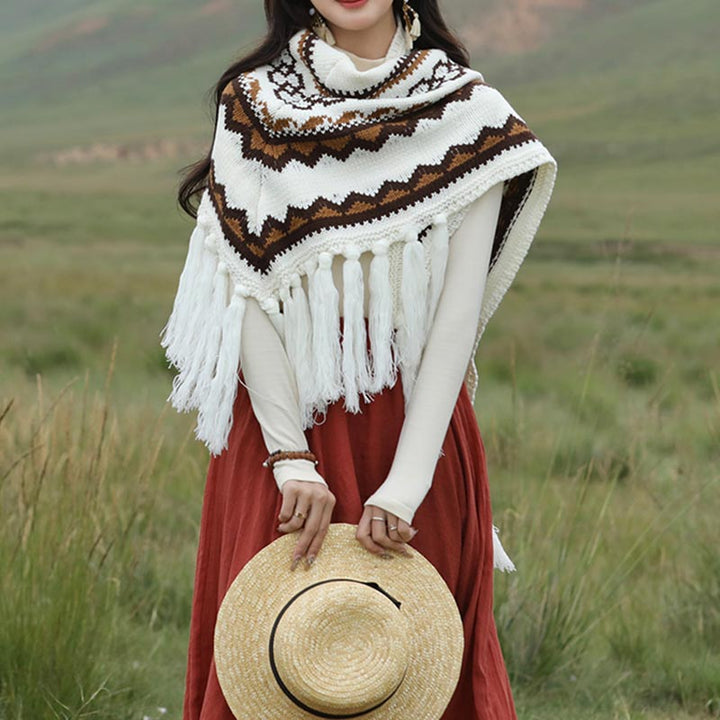 Buddha Stones Tybetański trójkątny szal w paski frędzle zimowy przytulny szalik podróżny otulacz - image 2