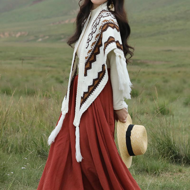 Buddha Stones Tybetański trójkątny szal w paski frędzle zimowy przytulny szalik podróżny otulacz - image 4