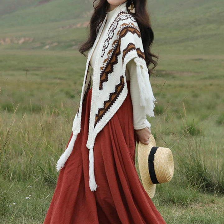 Buddha Stones Tybetański trójkątny szal w paski frędzle zimowy przytulny szalik podróżny otulacz - image 4