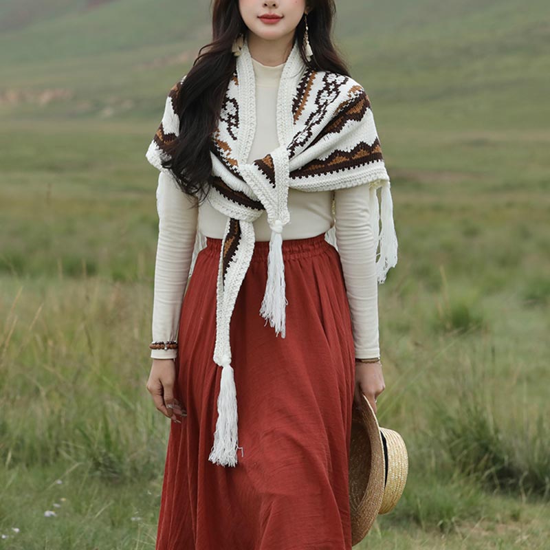 Buddha Stones Tybetański trójkątny szal w paski frędzle zimowy przytulny szalik podróżny otulacz - image 1