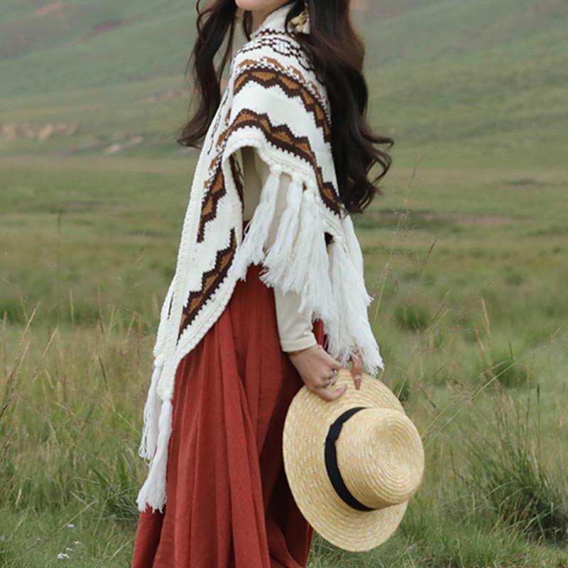 Buddha Stones Tybetański trójkątny szal w paski frędzle zimowy przytulny szalik podróżny otulacz - image 7