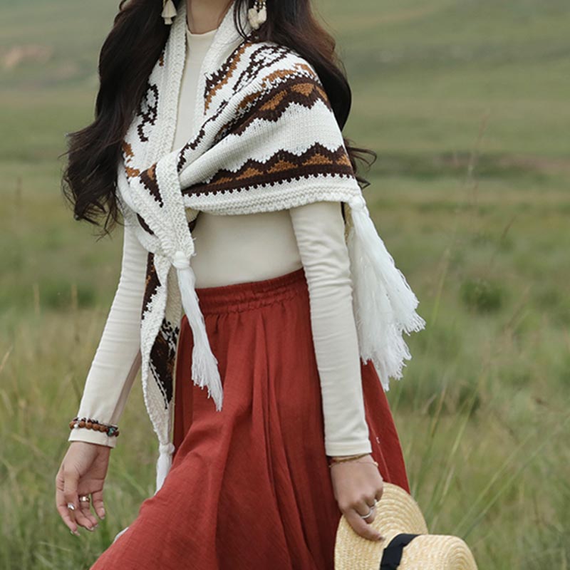 Buddha Stones Tybetański trójkątny szal w paski frędzle zimowy przytulny szalik podróżny otulacz - image 6