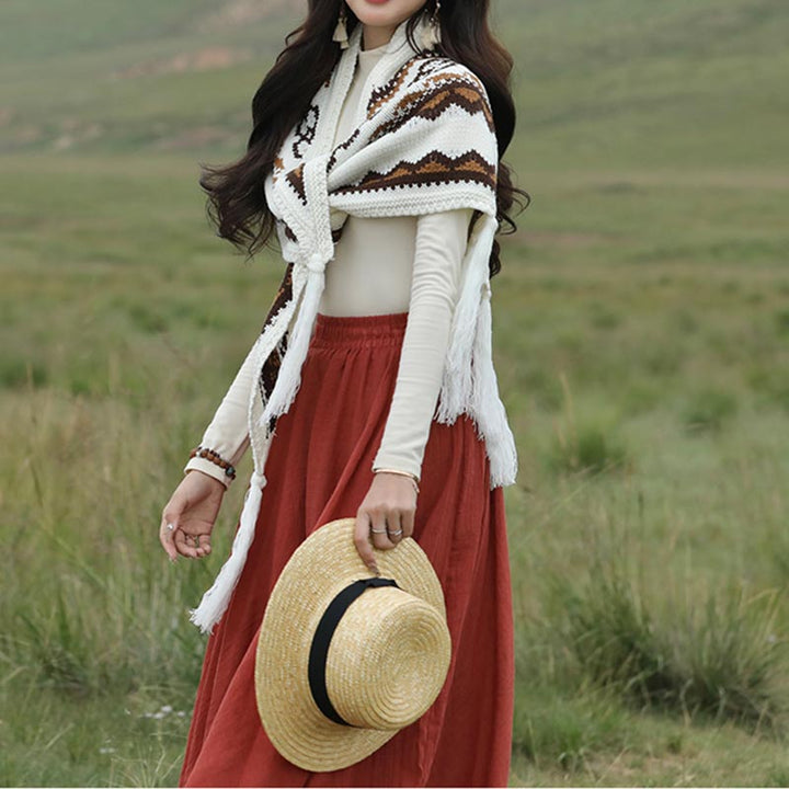 Buddha Stones Tybetański trójkątny szal w paski frędzle zimowy przytulny szalik podróżny otulacz - image 9
