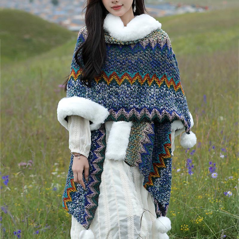 Buddha Stones Tybetańskie Wielokolorowe Faliste Linie Dzianinowe Paski Szal Płaszcz Zimowy Przytulny Podróżny Szalik Otulacz - Granatowy 150*106cm - image 0