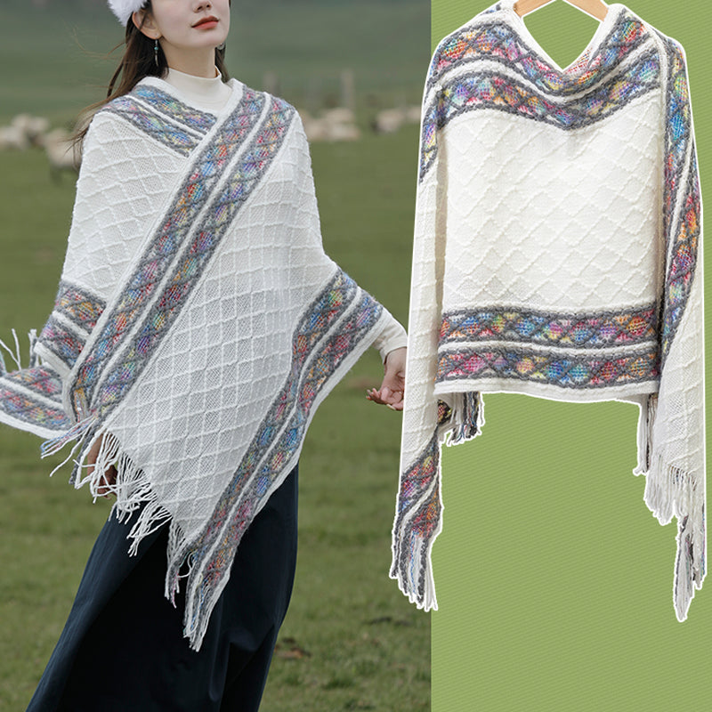 Buddha Stones Tybetańskie Kolorowe Paski Wzór Rombów Chwosty Sweter Zimowy Przytulny Podróżny Szalik Otulacz - image 4