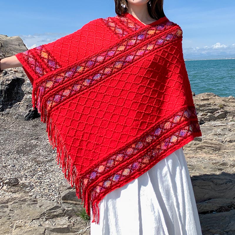 Buddha Stones Tybetańskie Kolorowe Paski Wzór Rombów Chwosty Sweter Zimowy Przytulny Podróżny Szalik Otulacz - image 16