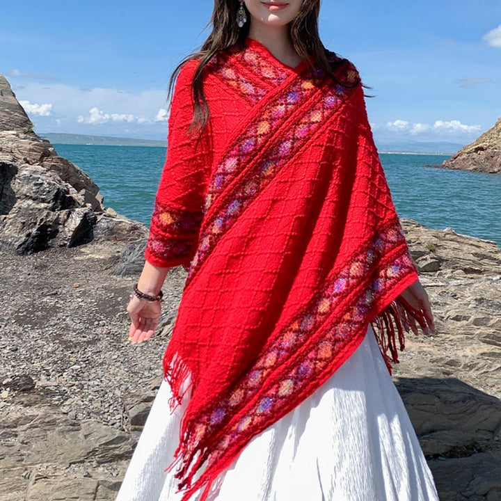 Buddha Stones Tybetańskie Kolorowe Paski Wzór Rombów Chwosty Sweter Zimowy Przytulny Podróżny Szalik Otulacz - image 14