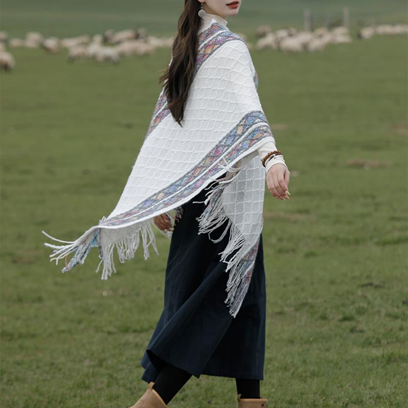 Buddha Stones Tybetańskie Kolorowe Paski Wzór Rombów Chwosty Sweter Zimowy Przytulny Podróżny Szalik Otulacz - image 3