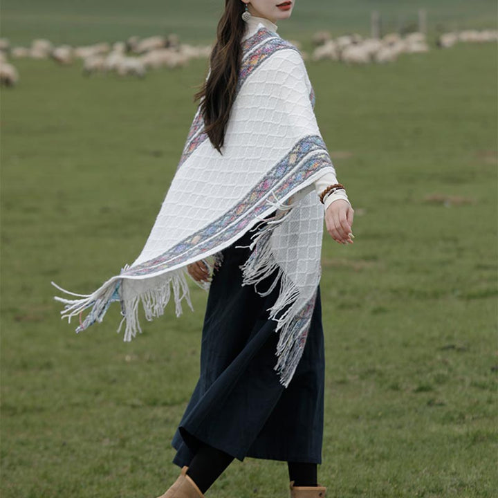 Buddha Stones Tybetańskie Kolorowe Paski Wzór Rombów Chwosty Sweter Zimowy Przytulny Podróżny Szalik Otulacz - image 3