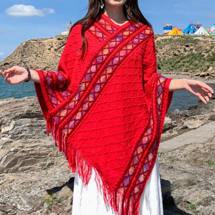 Buddha Stones Tybetańskie Kolorowe Paski Wzór Rombów Chwosty Sweter Zimowy Przytulny Podróżny Szalik Otulacz - image 13