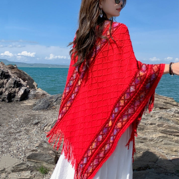 Buddha Stones Tybetańskie Kolorowe Paski Wzór Rombów Chwosty Sweter Zimowy Przytulny Podróżny Szalik Otulacz - image 17