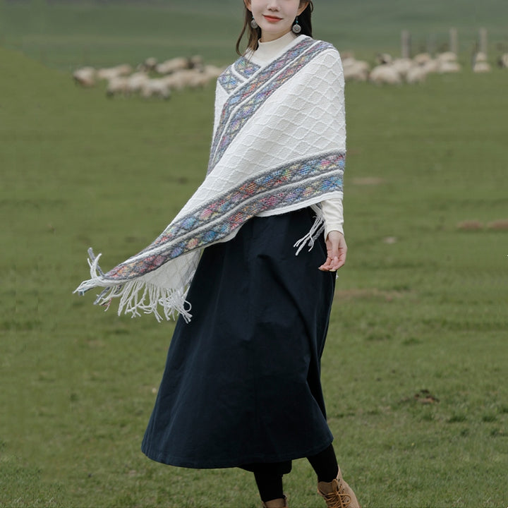 Buddha Stones Tybetańskie Kolorowe Paski Wzór Rombów Chwosty Sweter Zimowy Przytulny Podróżny Szalik Otulacz - image 2