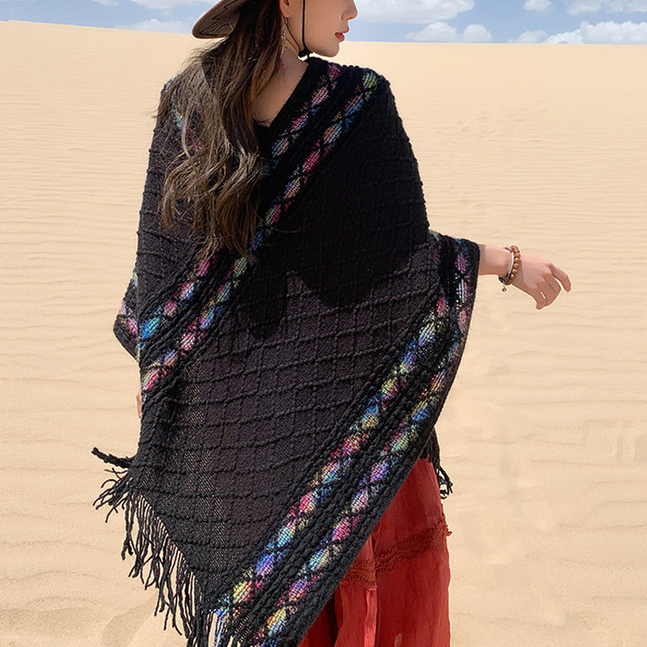 Buddha Stones Tybetańskie Kolorowe Paski Wzór Rombów Chwosty Sweter Zimowy Przytulny Podróżny Szalik Otulacz - image 9