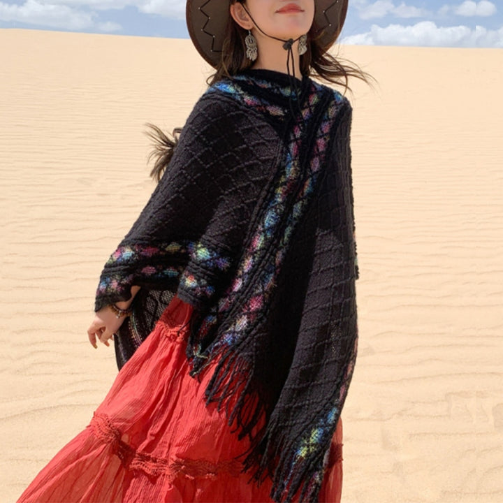 Buddha Stones Tybetańskie Kolorowe Paski Wzór Rombów Chwosty Sweter Zimowy Przytulny Podróżny Szalik Otulacz - image 6