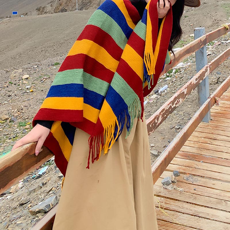 Buddha Stones Tybetański Kolorowy Pasiasty Wzór Szal Frędzle Sweter Zimowy Przytulny Podróżny Szalik Otulacz - image 6