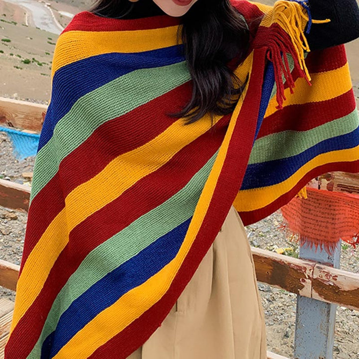 Buddha Stones Tybetański Kolorowy Pasiasty Wzór Szal Frędzle Sweter Zimowy Przytulny Podróżny Szalik Otulacz - image 1