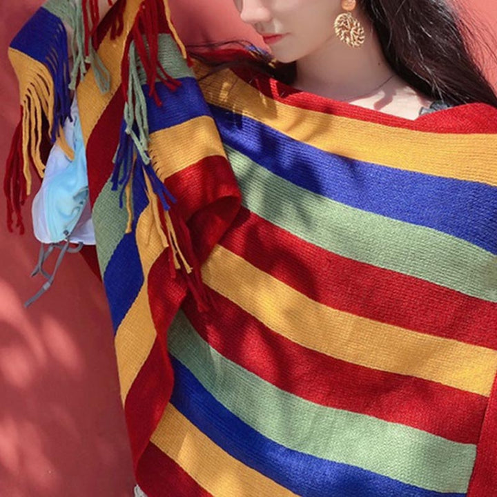 Buddha Stones Tybetański Kolorowy Pasiasty Wzór Szal Frędzle Sweter Zimowy Przytulny Podróżny Szalik Otulacz - image 7