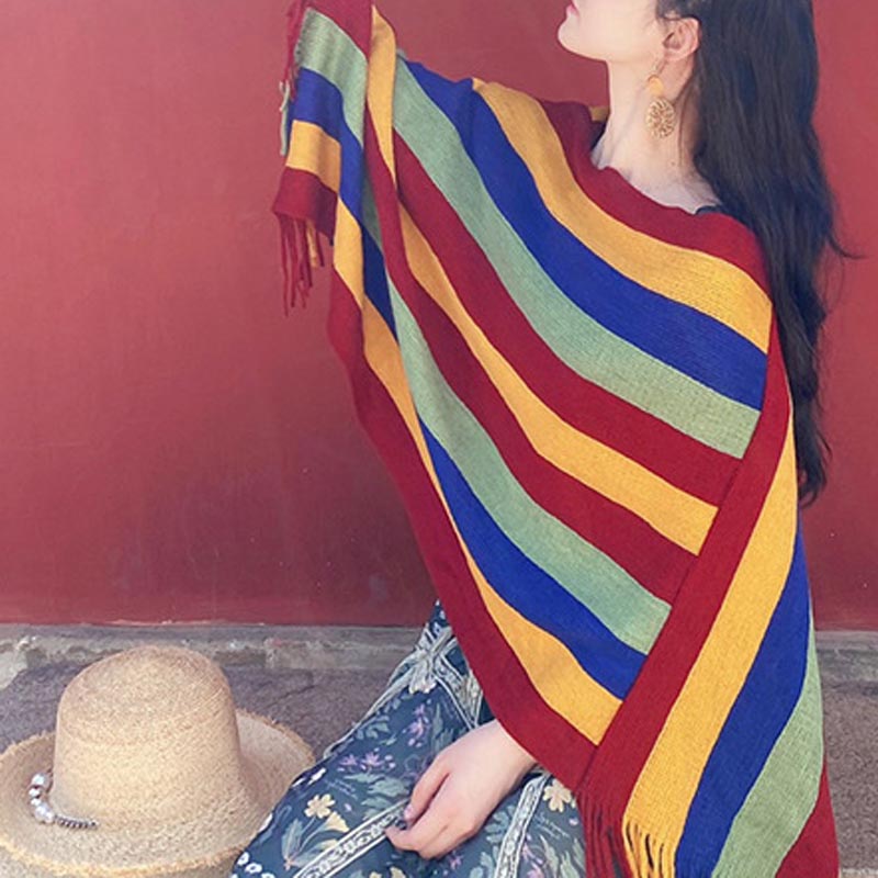 Buddha Stones Tybetański Kolorowy Pasiasty Wzór Szal Frędzle Sweter Zimowy Przytulny Podróżny Szalik Otulacz - image 12