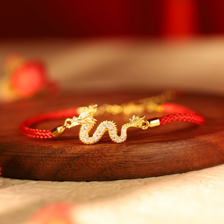 Buddha Stones 925 Srebro Sterling Rok Smoka Pomyślny Złoty Smok Szczęście Czerwona Bransoletka Łańcuchowa - Bransoletka z czerwonej liny Dragon (obwód nadgarstka 14-18 cm) - image 0