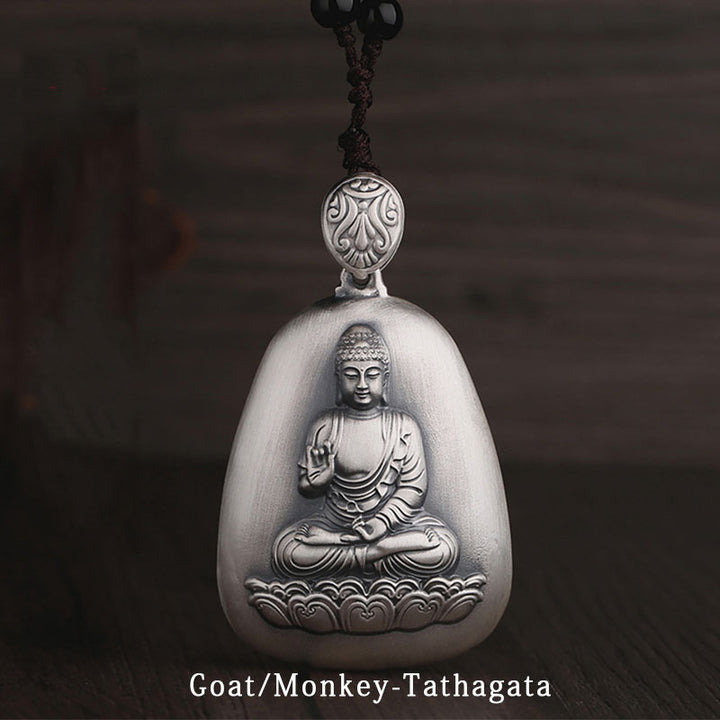 Buddha Stones 999 Srebro Chińskie Zodiak Natal Budda Sutra Serca Grawerowany Naszyjnik Ochronny Wisiorek