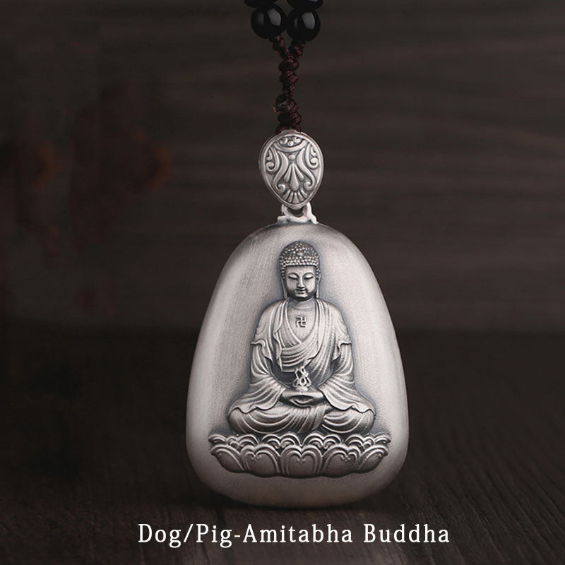 Buddha Stones 999 Srebro Chińskie Zodiak Natal Budda Sutra Serca Grawerowany Naszyjnik Ochronny Wisiorek