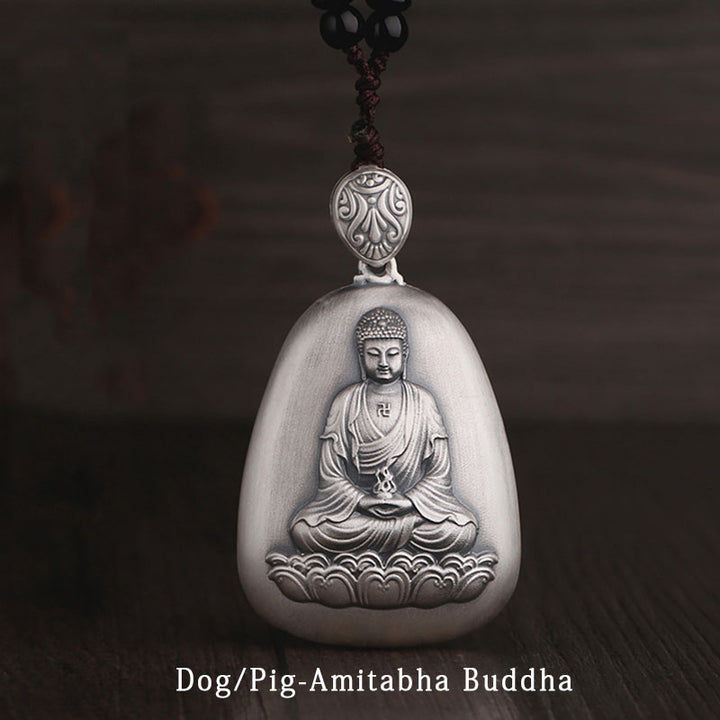 Buddha Stones 999 Srebro Chińskie Zodiak Natal Budda Sutra Serca Grawerowany Naszyjnik Ochronny Wisiorek