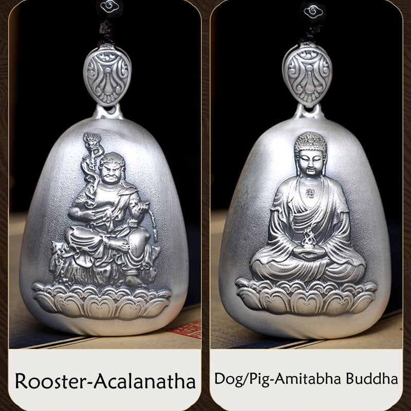 Buddha Stones 999 Srebro Chińskie Zodiak Natal Budda Sutra Serca Grawerowany Naszyjnik Ochronny Wisiorek