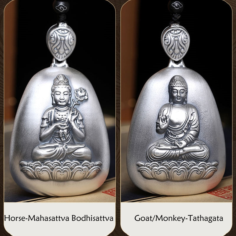 Buddha Stones 999 Srebro Chińskie Zodiak Natal Budda Sutra Serca Grawerowany Naszyjnik Ochronny Wisiorek
