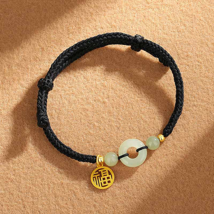 Buddha Stones 925 Srebro Sterlingowe Hetian Jade Klamra Pokoju Fu Charakter Charm Bransoletka Obfitość - Czarna lina (obwód nadgarstka 14-16 cm) - image 3