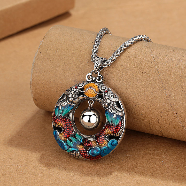 Buddha Stones Rok Smoka Kolorowe Podwójne Smoki Grające Koraliki Miedziany Naszyjnik Ochronny Wisiorek