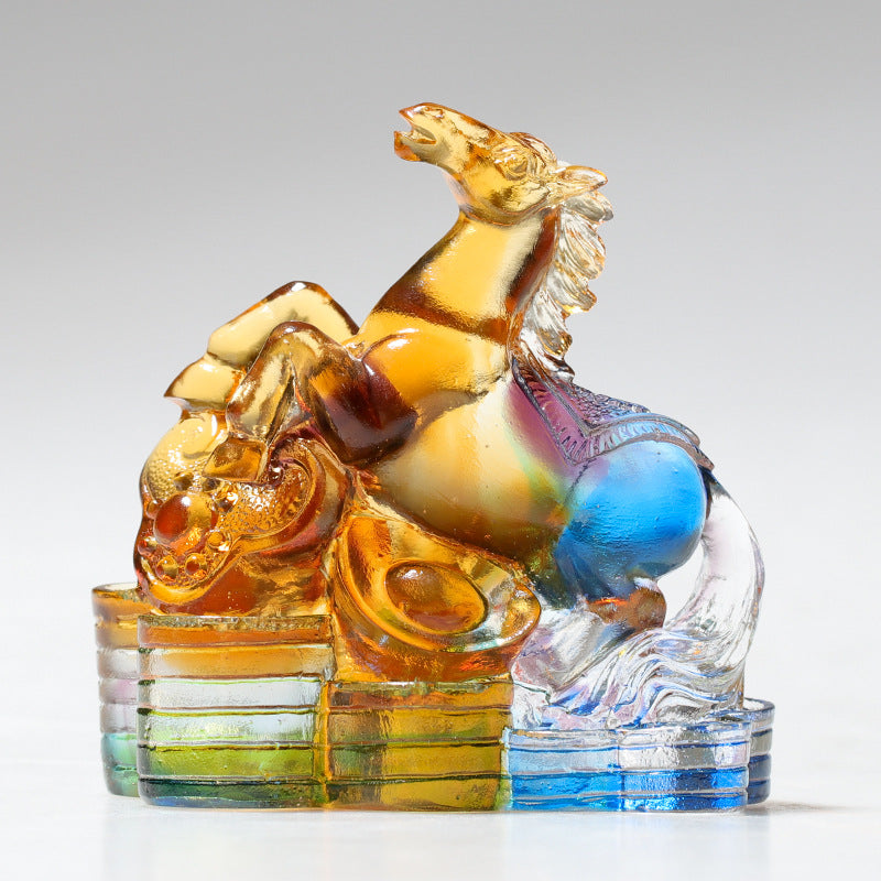 Buddha Stones Rok Smoka Ręcznie Robione 12 Chińskich Znaków Zodiaku Liuli Kryształowe Dzieło Sztuki Ochrona Dekoracja Domu i Biura - Koń około 8,5*5,5*8 cm - image 12