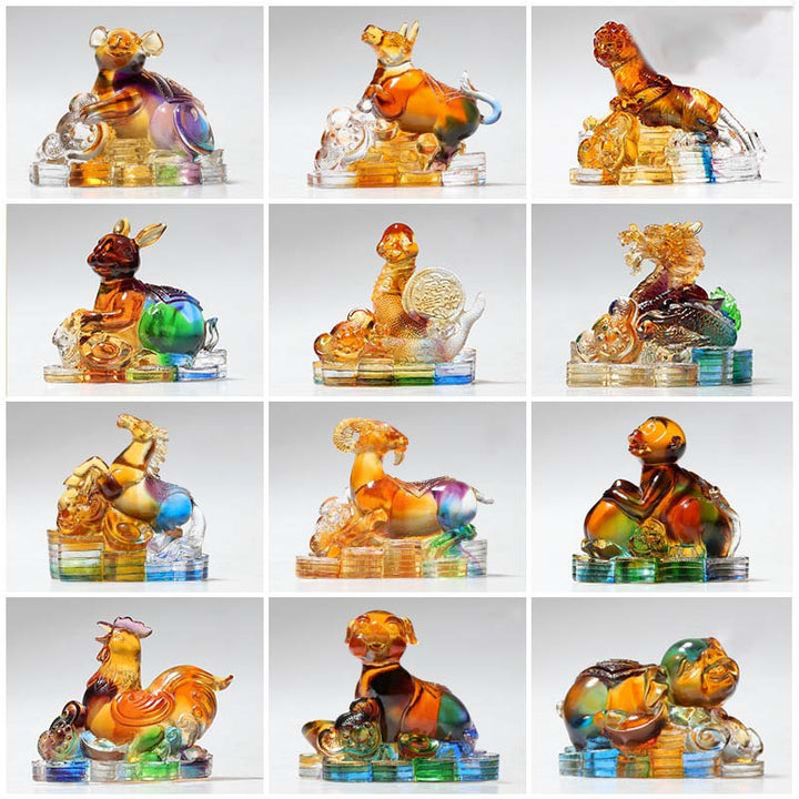 Buddha Stones Rok Smoka Ręcznie Robione 12 Chińskich Znaków Zodiaku Liuli Kryształowe Dzieło Sztuki Ochrona Dekoracja Domu i Biura
