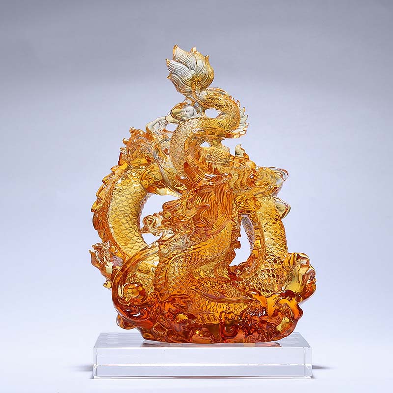 Buddha Stones Rok Smoka Ręcznie Robione Liuli Kryształowe Dzieło Sztuki Ochrona Dekoracja Domu Biuro Z Podstawką - Duży żółty smok 20*15*28 cm/7,87*5,91*11,02 cala - image 0