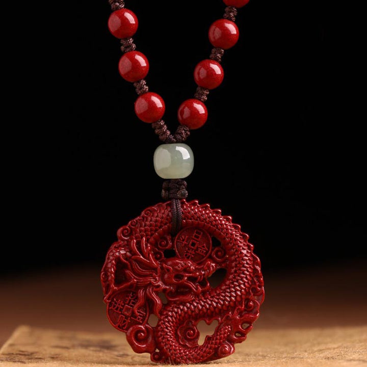 Buddha Stones Rok Smoka Naturalny Cynober Hetian Jade Koralik Miedziana Moneta Przyciągaj Bogactwo Siła Naszyjnik Wisiorek