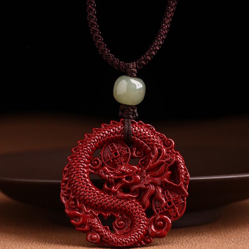 Buddha Stones Rok Smoka Naturalny Cynober Hetian Jade Koralik Miedziana Moneta Przyciągaj Bogactwo Siła Naszyjnik Wisiorek