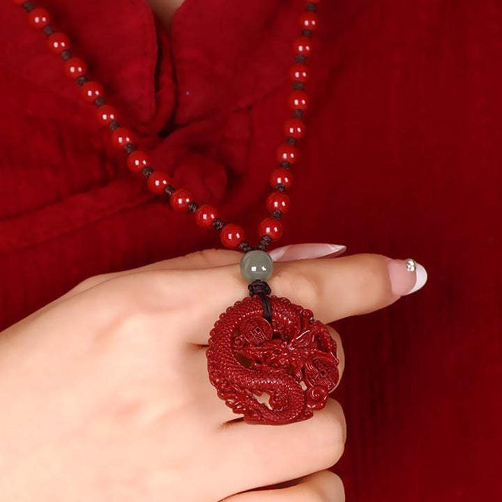 Buddha Stones Rok Smoka Naturalny Cynober Hetian Jade Koralik Miedziana Moneta Przyciągaj Bogactwo Siła Naszyjnik Wisiorek