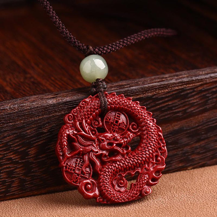 Buddha Stones Rok Smoka Naturalny Cynober Hetian Jade Koralik Miedziana Moneta Przyciągaj Bogactwo Siła Naszyjnik Wisiorek
