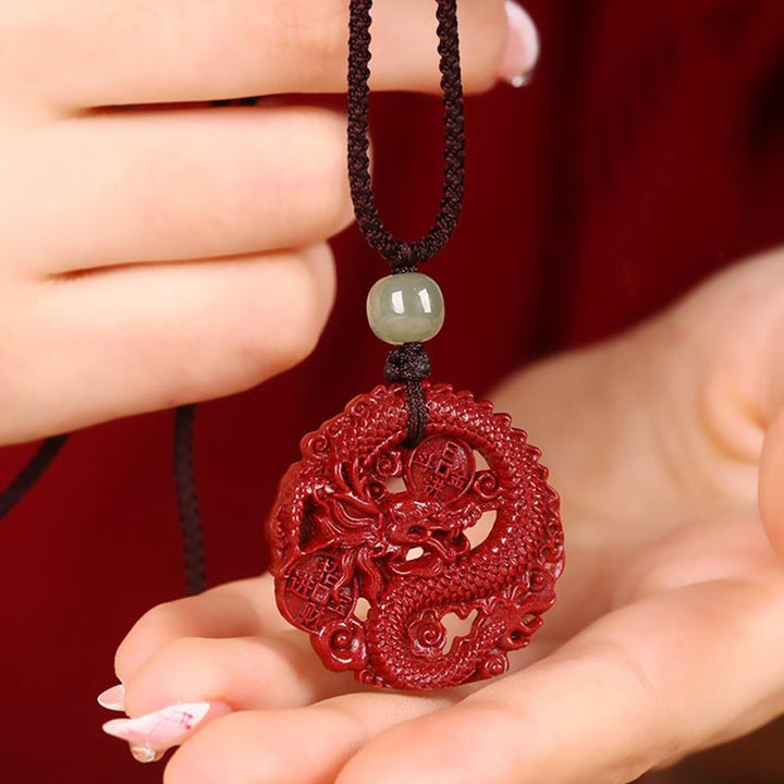 Buddha Stones Rok Smoka Naturalny Cynober Hetian Jade Koralik Miedziana Moneta Przyciągaj Bogactwo Siła Naszyjnik Wisiorek