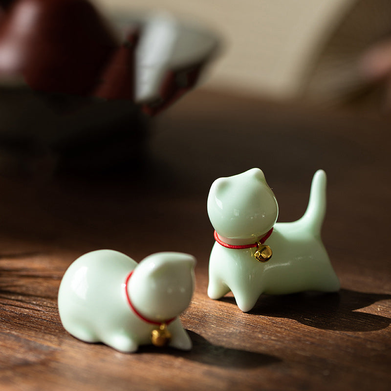 Buddha Stones Mini Mały Uroczy Kot Herbata Zwierzę Ceramiczne Figurka Dekoracja Biurka Domowego - image 1