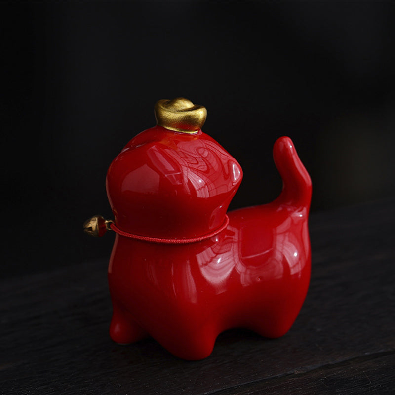Buddha Stones Mini Szczęście Kot Herbata Sztabka Ceramiczna Figurka Dekoracja Biurka Domowego - Szczęśliwy Kot Czerwony 5,5*3,2*6 cm - image 4