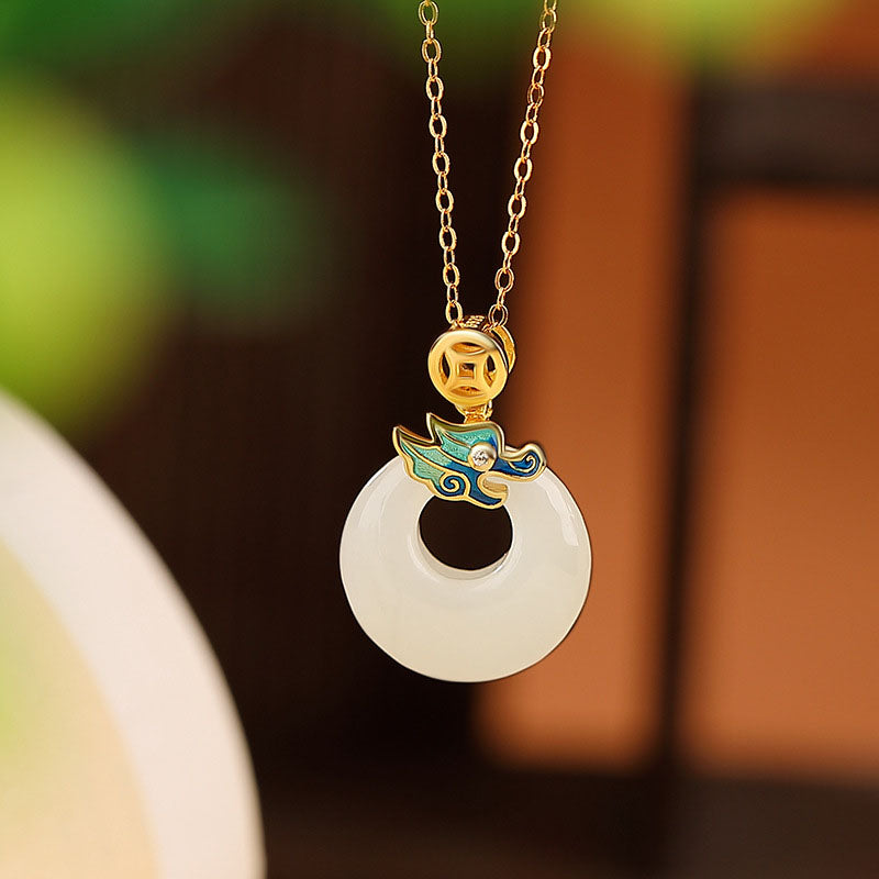 Buddha Stones 925 Srebro Sterlingowe Pozłacane Złoto Rok Smoka Hetian Jade Klamra Pokoju Miedziana Moneta Obfitość Naszyjnik Wisiorek