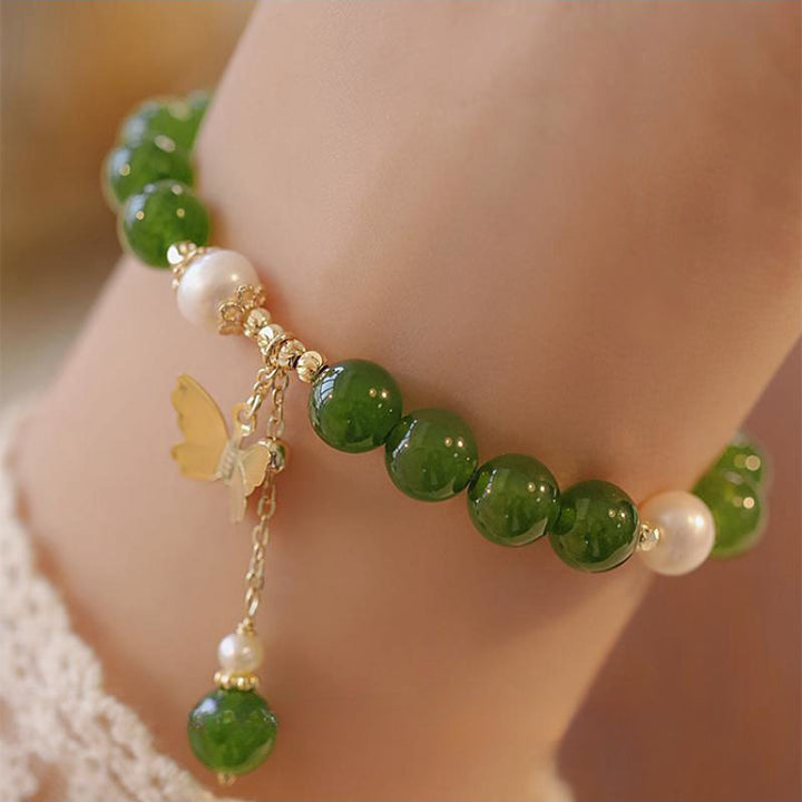 Buddha Stones Naturalny Zielony Chalcedon Perła Motyl Odwaga Siła Bransoletka