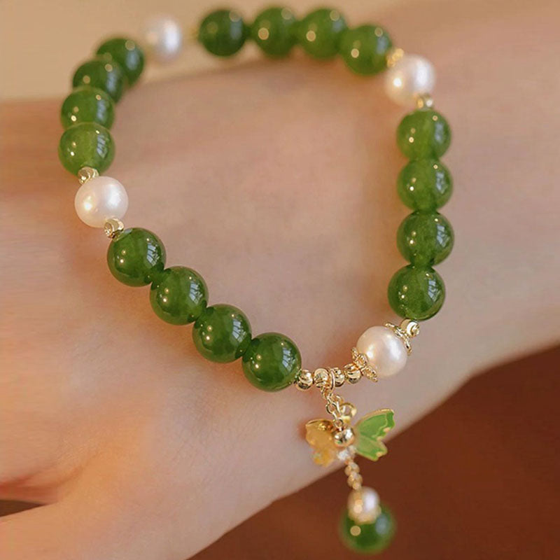 Buddha Stones Naturalny Zielony Chalcedon Perła Motyl Odwaga Siła Bransoletka