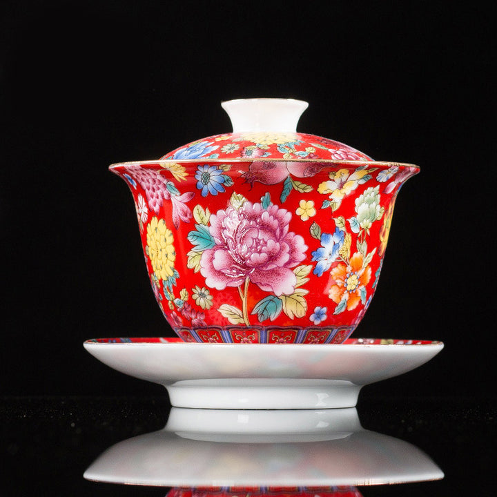 Buddha Stones Kwiaty Piwonii Ceramiczny Gaiwan Sancai Filiżanka Kung Fu Filiżanka I Spodek Z Pokrywką