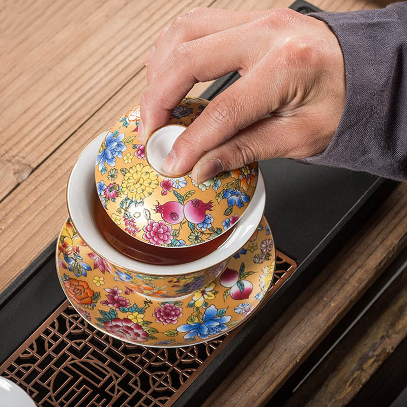 Buddha Stones Kwiaty Piwonii Ceramiczny Gaiwan Sancai Filiżanka Kung Fu Filiżanka I Spodek Z Pokrywką