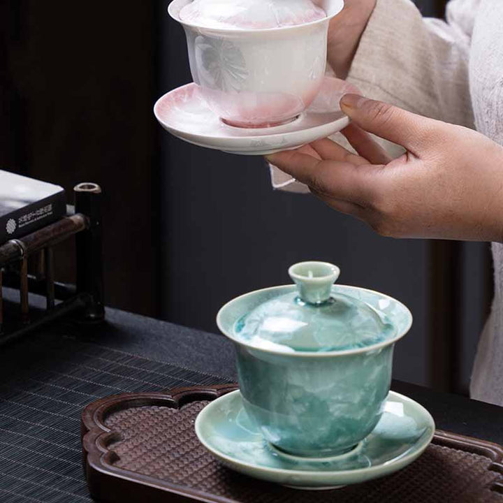 Buddha Stones Tradycyjny Szkliwo Ceramiczny Gaiwan Sancai Filiżanka Kung Fu Filiżanka I Spodek Z Pokrywką 180 ml