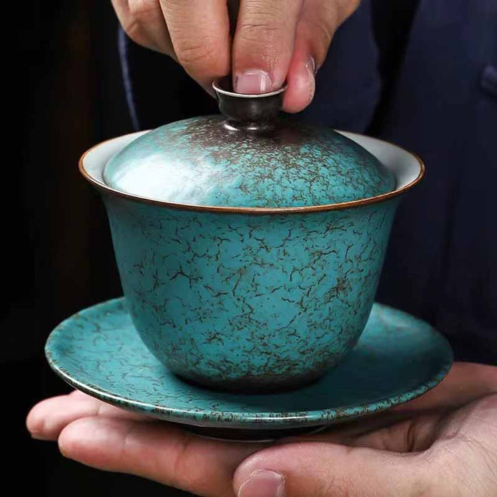 Buddha Stones Tradycyjna Sosna Zielona Ceramiczna Gaiwan Sancai Filiżanka Do Herbaty Kung Fu Filiżanka Do Herbaty I Spodek Z Pokrywką